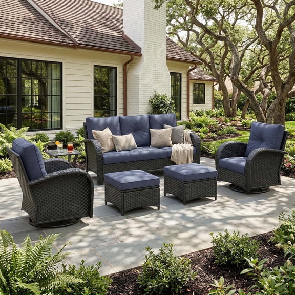 LayinSun 6 Pieces Patio Outdoor Conversation Set, Wicker Furniture Set with Swivel Chairs and Ottomans 7-Seat