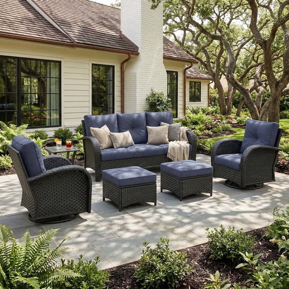 LayinSun 6 Pieces Patio Outdoor Conversation Set, Wicker Furniture Set with Swivel Chairs and Ottomans 7-Seat