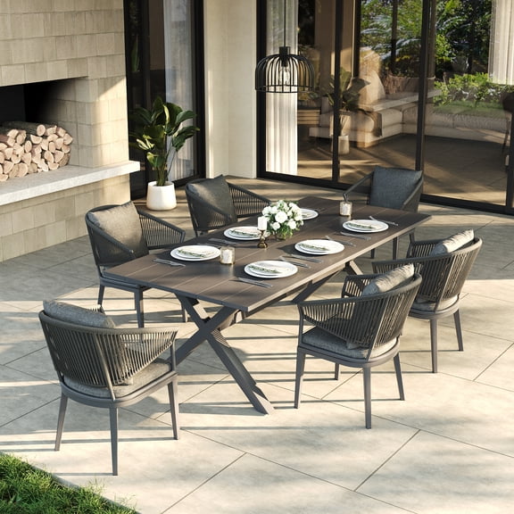 LayinSun 7 Piece Outdoor Dining Table Set, Aluminum Modern Rectangular Dining Table and All-Weather Wicker Chairs Set for Patio Deck Indoor Decor Kitchen
