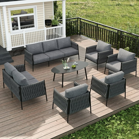 LayinSun 7 Piece Outdoor Furniture Set with Coffee Table, Modern Rope Woven Patio Conversation Sofa Set with Olefin Braid and Deep Seating