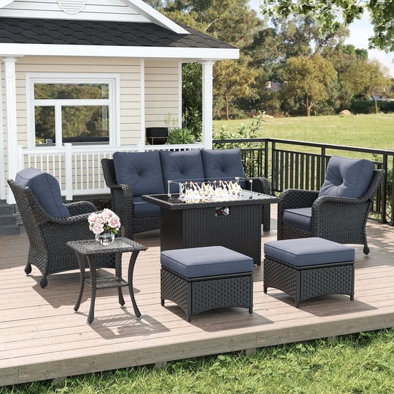 LayinSun 7 Piece Wicker Outdoor Furniture Set with 6-inch Comfy Cushions, High Back Patio Furniture Set with Rattan Armchairs and Fire Pit Table