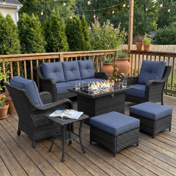 LayinSun 7 Pieces Patio Furniture Sets with Fire Pit Table, Outdoor Wicker Conversation Set with Armchairs and 6" Thick Cushion for Deck Garden Backyard