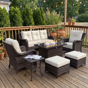 LayinSun 7 Pieces Patio Furniture Sets with Fire Pit Table, Outdoor Wicker Conversation Set with Armchairs and 6" Thick Cushion for Deck Garden Backyard