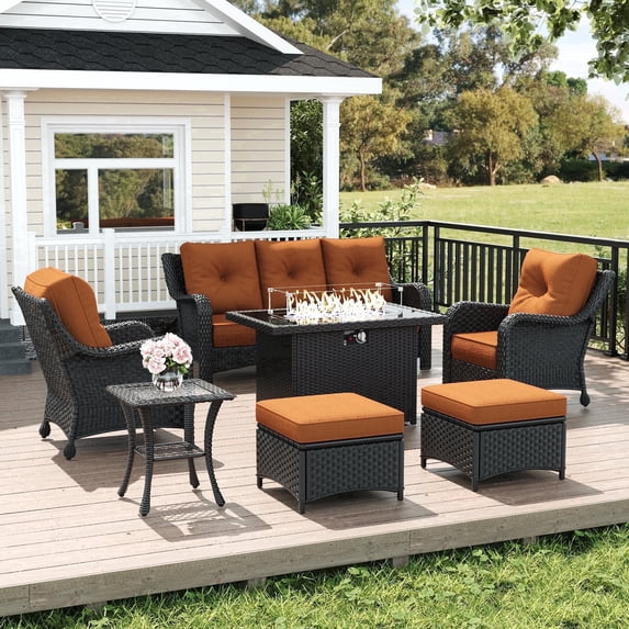 LayinSun 7 Pieces Patio Furniture Sets with Fire Pit Table, Outdoor Wicker Conversation Set with Armchairs and 6" Thick Cushion for Deck Garden Backyard