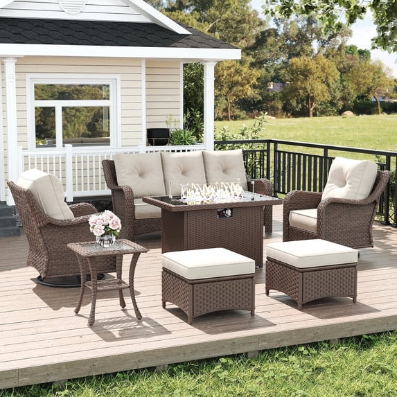 LayinSun 7 Piece Wicker Outdoor Furniture Set with 6-inch Comfy Cushions, High Back Patio Furniture Set with Swivel Rocking Chairs and Fire Pit Table