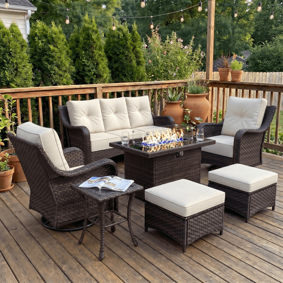 LayinSun 7 Pieces Patio Furniture Sets with Fire Pit Table, Outdoor Wicker Conversation Set with Swivel Chairs and 6" Thick Cushion for Deck Garden Backyard