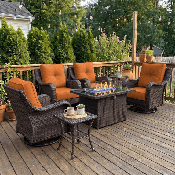 LayinSun 7 Pieces Patio Furniture Sets with Fire Pit Table, Outdoor Wicker Conversation Set with Swivel Chairs and 6" Thick Cushion for Deck Garden Backyard