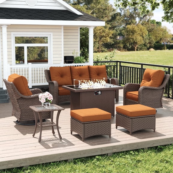 LayinSun 7 Pieces Patio Furniture Sets with Fire Pit Table, Outdoor Wicker Conversation Set with Swivel Chairs and 6" Thick Cushion for Deck Garden Backyard