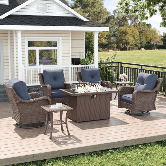 LayinSun 7 Piece Wicker Outdoor Furniture Set with 6-inch Comfy Cushions, High Back Patio Furniture Set with Swivel Rocking Chairs and Fire Pit Table