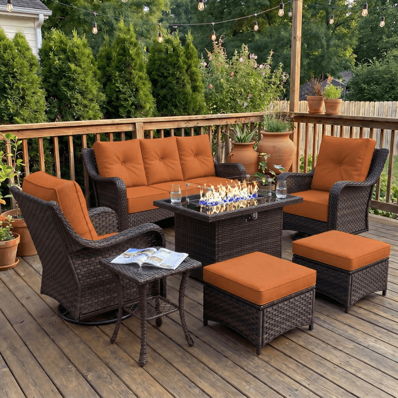 LayinSun 7 Pieces Patio Furniture Sets with Fire Pit Table, Outdoor Wicker Conversation Set with Swivel Chairs and 6" Thick Cushion for Deck Garden Backyard