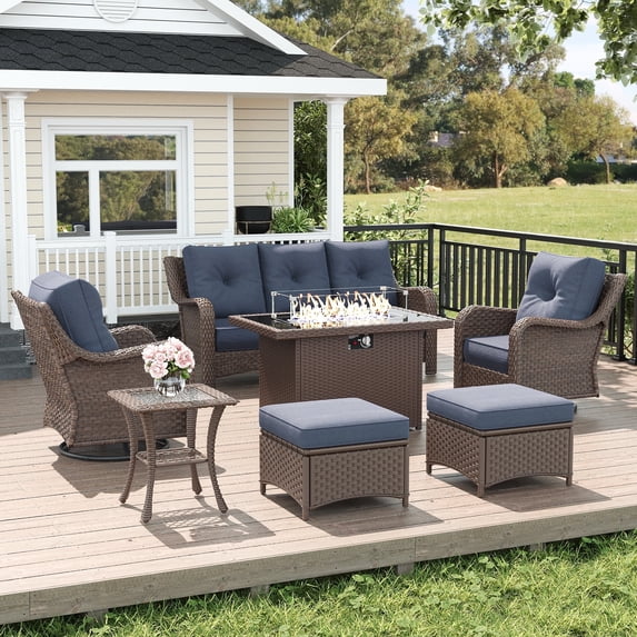 LayinSun 7 Piece Wicker Outdoor Furniture Set with 6-inch Comfy Cushions, High Back Patio Furniture Set with Swivel Rocking Chairs and Fire Pit Table