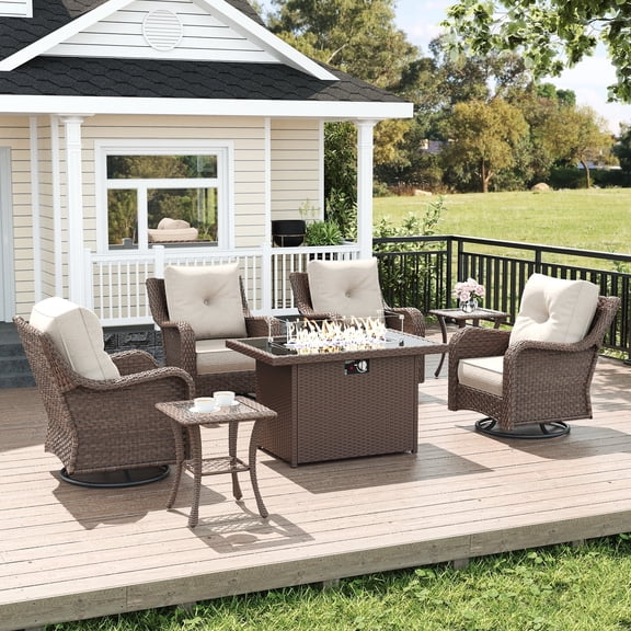 LayinSun 7 Piece Wicker Outdoor Furniture Set with 6-inch Comfy Cushions, High Back Patio Furniture Set with Swivel Rocking Chairs and Fire Pit Table
