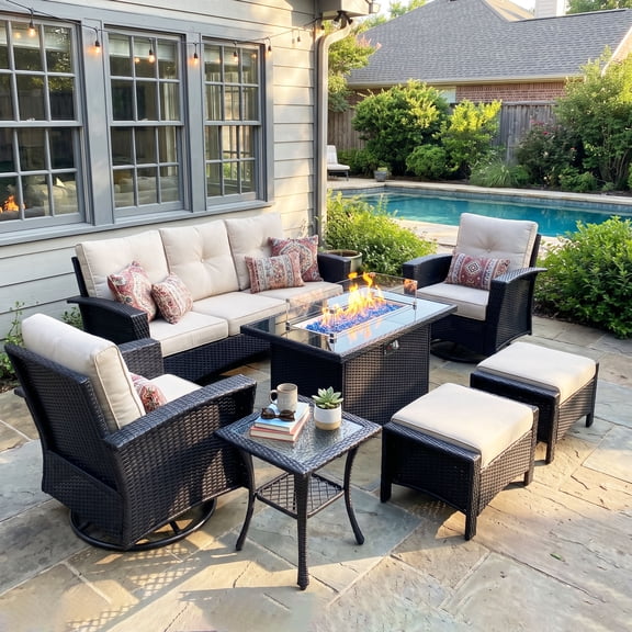 LayinSun 7 Piece Wicker Patio Furniture Set with Fire Pit Table, Classis Outdoor Conversation 360 Degree Swivel Chairs Set with Coffee Table
