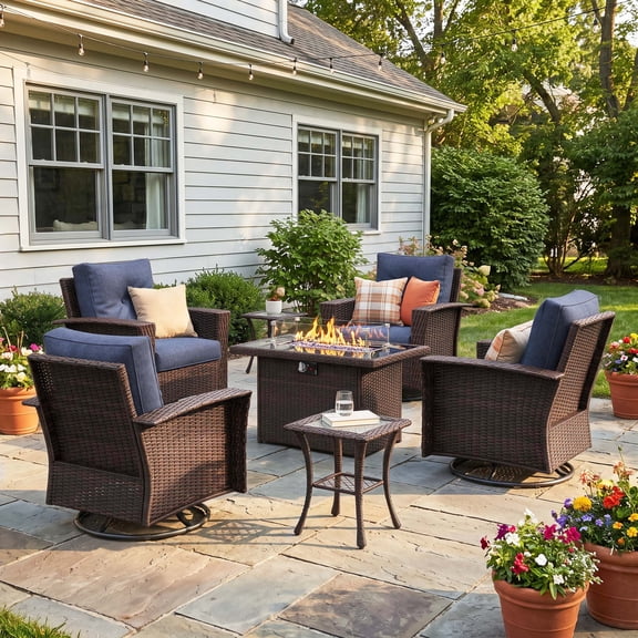 LayinSun 7 Piece Wicker Patio Furniture Set with Fire Pit Table, Classis Outdoor Conversation 360 Degree Swivel Chairs Set with Coffee Table