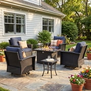 LayinSun 7 Piece Wicker Patio Furniture Set with Fire Pit Table, Classis Outdoor Conversation 360 Degree Swivel Chairs Set with Coffee Table
