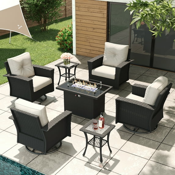 LayinSun 7 Piece Wicker Patio Furniture Set with Fire Pit Table, Classis Outdoor Conversation 360 Degree Swivel Chairs Set with Coffee Table