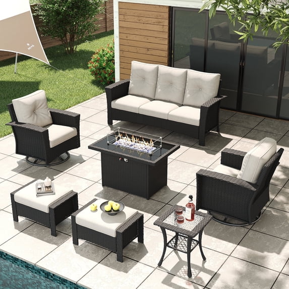 LayinSun 7 Piece Wicker Patio Furniture Set with Fire Pit Table, Classis Outdoor Conversation 360 Degree Swivel Chairs Set with Coffee Table