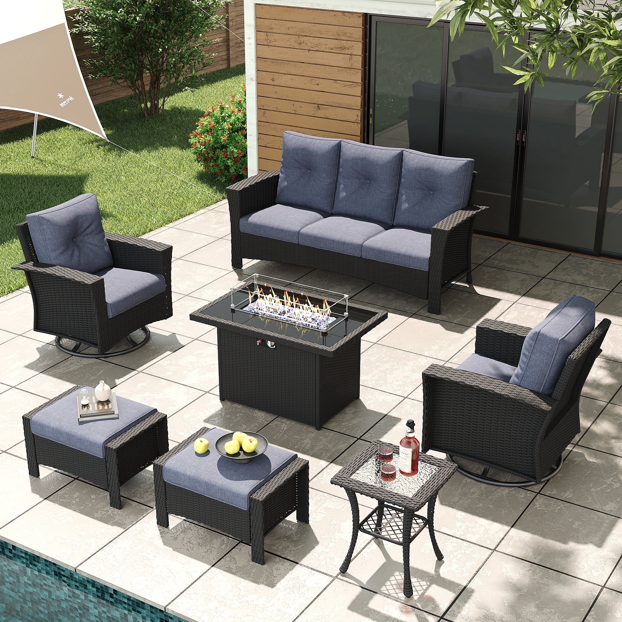 LayinSun 7 Piece Wicker Patio Furniture Set with Fire Pit Table, Classis Outdoor Conversation 360 Degree Swivel Chairs Set with Coffee Table