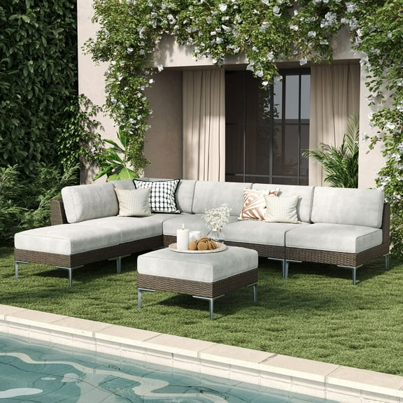 LayinSun 7-Piece Wicker Rattan Patio Furniture Set, Deep Seating Outdoor Modular Sectional Sofa Conversation Set with Thick Cushions for Lawn, Garden