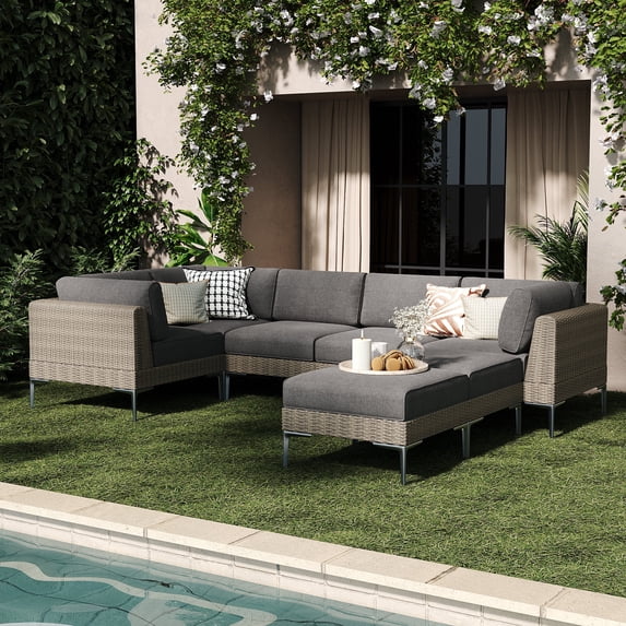 LayinSun 7-Piece Wicker Rattan Patio Furniture Set, Deep Seating Outdoor Modular Sectional Sofa Conversation Set with Thick Cushions for Lawn, Garden