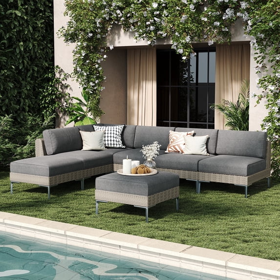 LayinSun 7-Piece Wicker Rattan Patio Furniture Set, Deep Seating Outdoor Modular Sectional Sofa Conversation Set with Thick Cushions for Lawn, Garden