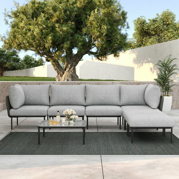 LayinSun 7 Pieces Aluminum Patio Furniture Set, Modern Modular Sectional Sofa with Coffee Table and Upgrade Thickness Cushion