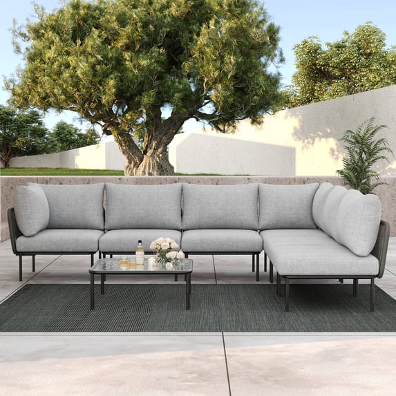 LayinSun 7 Pieces Aluminum Patio Furniture Set, Modern Modular Sectional Sofa with Coffee Table and Upgrade Thickness Cushion