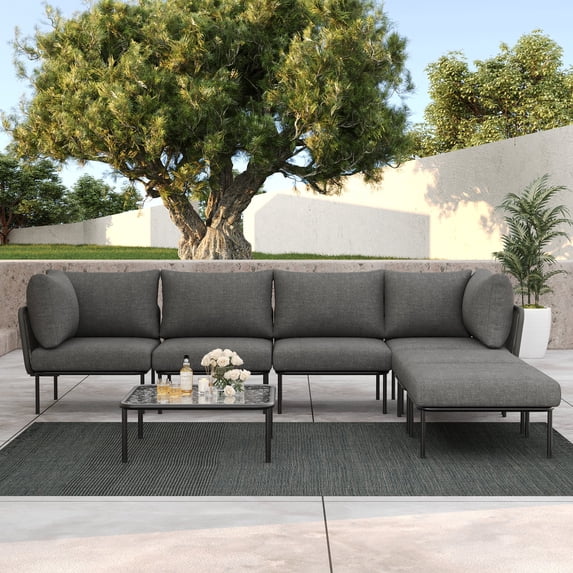 LayinSun 7 Pieces Aluminum Patio Furniture Set, Modern Modular Sectional Sofa with Coffee Table and Upgrade Thickness Cushion