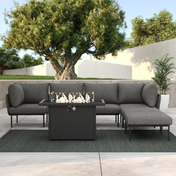 LayinSun 7 Pieces Aluminum Patio Furniture Set, Modern Modular Sectional Sofa with Fire Pit Table and Upgrade Thickness Cushion