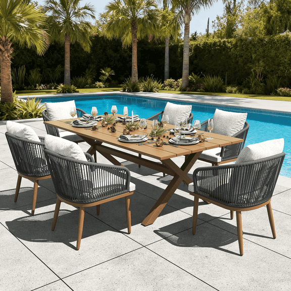 LayinSun 7 Pieces Outdoor Patio Dining Set, Aluminium Rectangular Dining Table and Wicker Rattan Chairs Set for Outside Backyard, Poolside