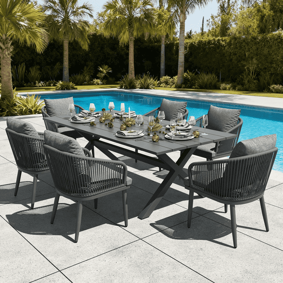 LayinSun 7 Pieces Outdoor Patio Dining Set, Aluminium Rectangular Dining Table and Wicker Rattan Chairs Set for Outside Backyard, Poolside