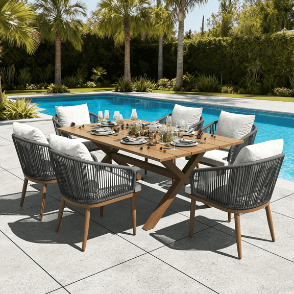 LayinSun 7 Pieces Outdoor Patio Dining Set, Aluminium Rectangular Dining Table and Wicker Rattan Chairs Set for Outside Backyard, Poolside