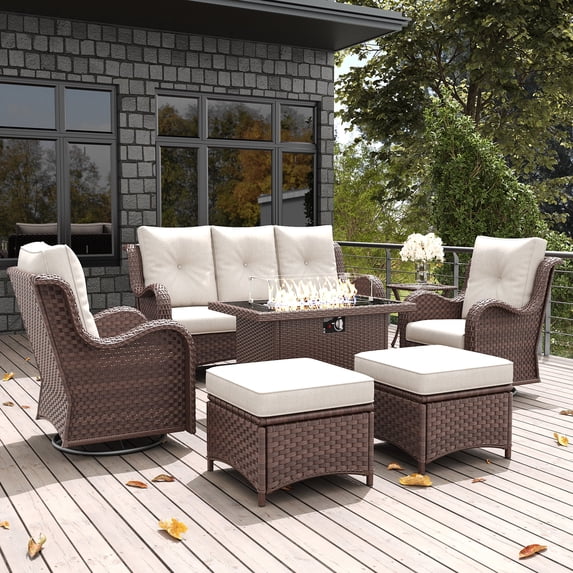 LayinSun 7 Pieces Outdoor Patio Furniture Set with Fire Pit Table, Rattan Wicker Sectional Swivel Rocker Chairs Sets with Ottomans, Swivel Glider Chairs and Coffee Table