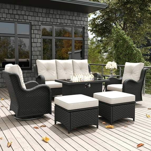 LayinSun 7 Pieces Outdoor Patio Furniture Set with Fire Pit Table, Rattan Wicker Sectional Swivel Rocker Chairs Sets with Ottomans, Swivel Glider Chairs and Coffee Table