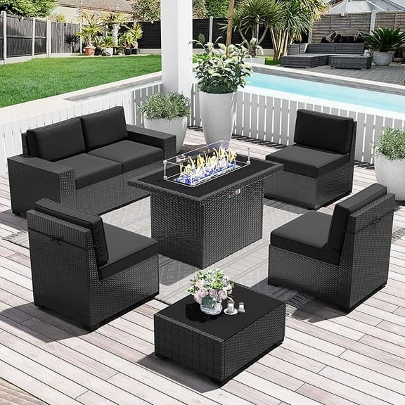 LayinSun 7 Pieces Outdoor Patio Furniture Set with 44" Fire Pit Table Rattan Sectional Sofa Conversation Sets