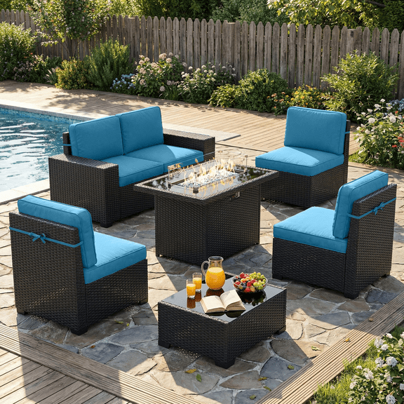 LayinSun 7 Pieces Outdoor Patio Furniture Set with 44" Fire Pit Table Rattan Sectional Sofa Conversation Sets
