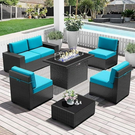 LayinSun 7 Pieces Outdoor Patio Furniture Set with 44" Fire Pit Table Rattan Sectional Sofa Conversation Sets