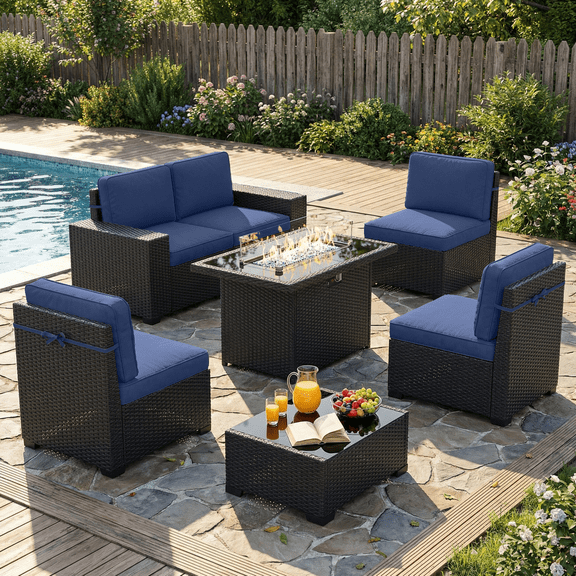 LayinSun 7 Pieces Outdoor Patio Furniture Set with 44" Fire Pit Table Rattan Sectional Sofa Conversation Sets
