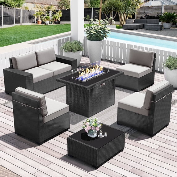 LayinSun 7 Pieces Outdoor Patio Furniture Set with 44" Fire Pit Table Rattan Sectional Sofa Conversation Sets