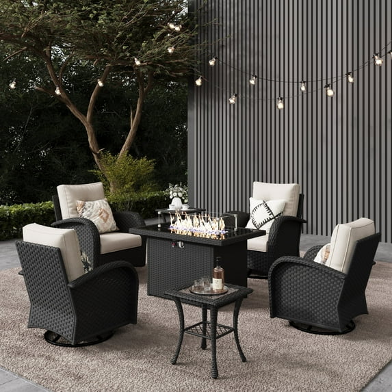 LayinSun 7 Pieces Outdoor Patio Furniture Set with Fire Pit Table, Rattan Wicker Sectional Swivel Rocker Chairs Sets