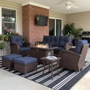 LayinSun 7 Pieces Outdoor Patio Furniture Set with Fire Pit Table, Rattan Wicker Sectional Swivel Rocker Chairs Sets