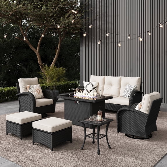 LayinSun 7 Pieces Outdoor Patio Furniture Set with Fire Pit Table, Rattan Wicker Sectional Swivel Rocker Chairs Sets
