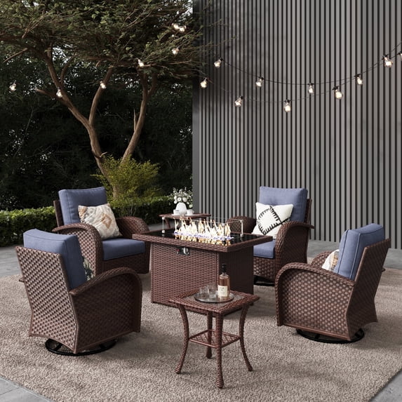 LayinSun 7 Pieces Outdoor Patio Furniture Set with Fire Pit Table, Rattan Wicker Sectional Swivel Rocker Chairs Sets