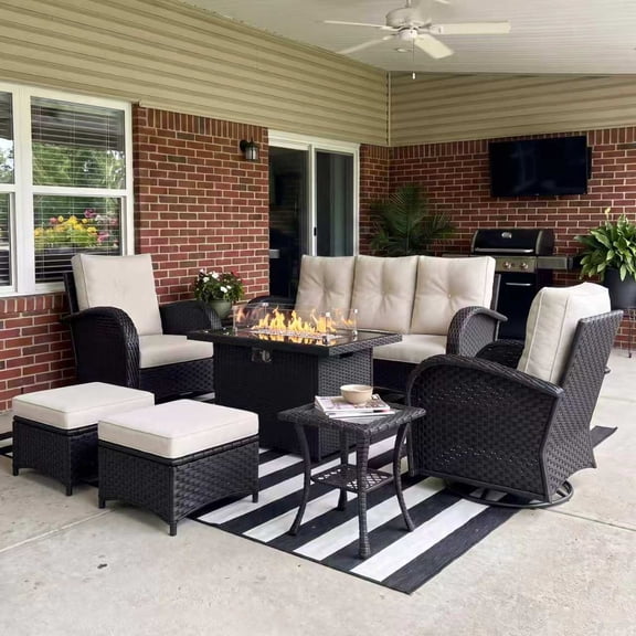 LayinSun 7 Pieces Outdoor Patio Furniture Set with Fire Pit Table, Rattan Wicker Sectional Swivel Rocker Chairs Sets