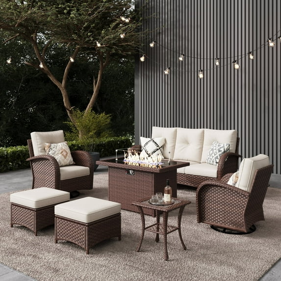 LayinSun 7 Pieces Outdoor Patio Furniture Set with Fire Pit Table, Rattan Wicker Sectional Swivel Rocker Chairs Sets
