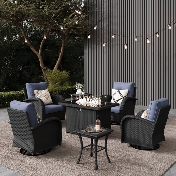 LayinSun 7 Pieces Outdoor Patio Furniture Set with Fire Pit Table, Rattan Wicker Sectional Swivel Rocker Chairs Sets