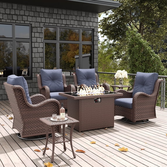 LayinSun 7 Pieces Outdoor Patio Furniture Set with Fire Pit Table, Rattan Wicker Swivel Rocker Chairs Sets with Swivel Glider Chairs and Coffee Table
