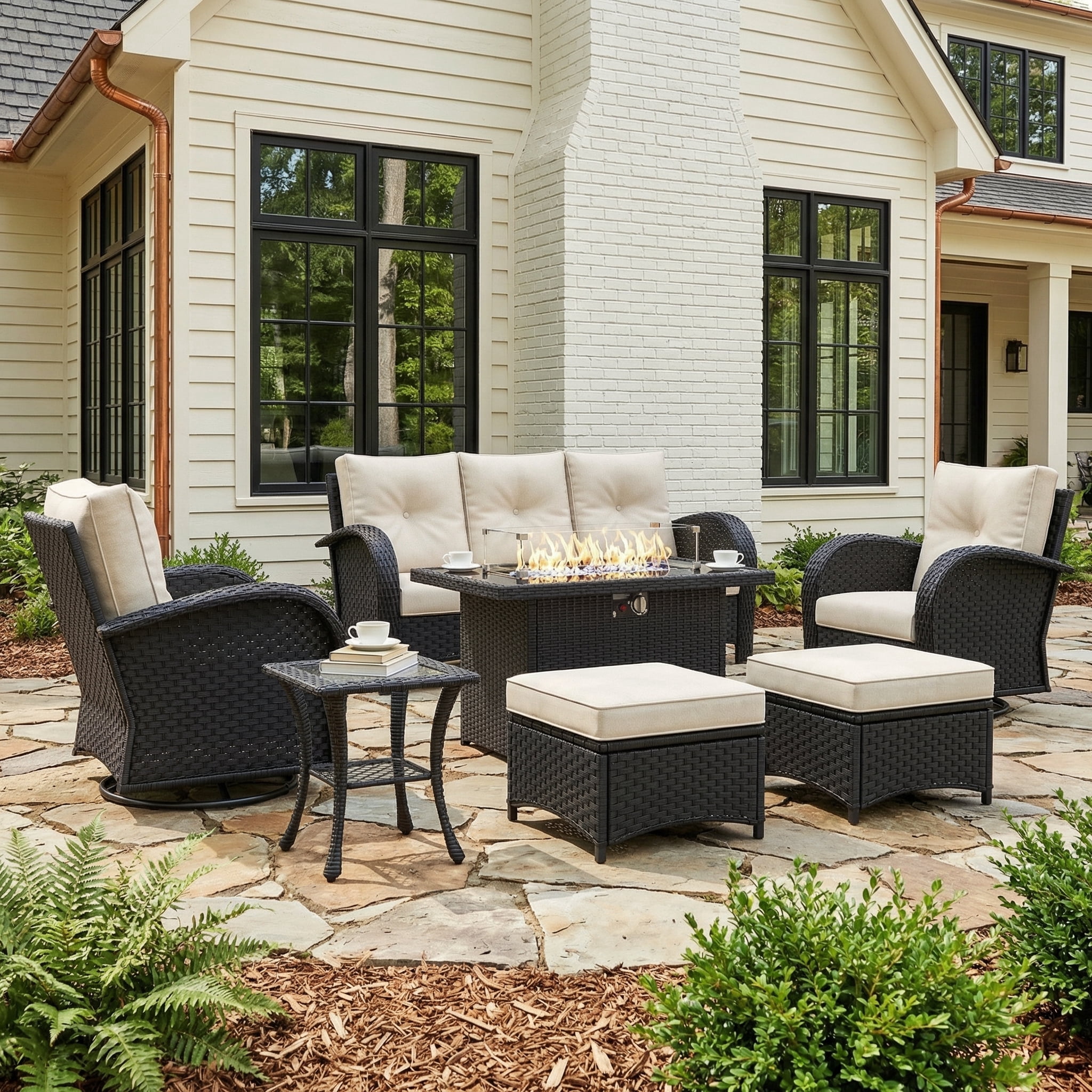 LayinSun 7 Pieces Patio Outdoor Conversation Set, Wicker Furniture Set with Swivel Chairs and Fire Pit Table 7-Seat