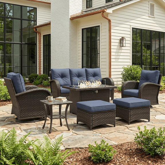 LayinSun 7 Pieces Patio Outdoor Conversation Set, Wicker Furniture Set with Swivel Chairs and Fire Pit Table 7-Seat