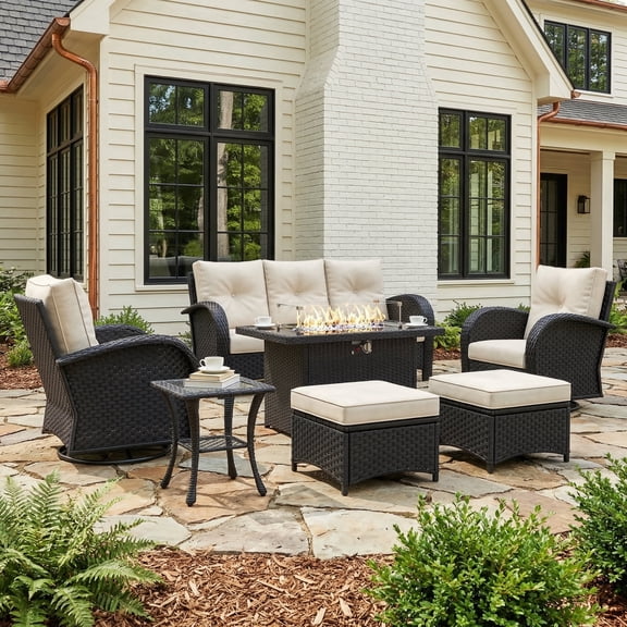 LayinSun 7 Pieces Patio Outdoor Conversation Set, Wicker Furniture Set with Swivel Chairs and Fire Pit Table 7-Seat